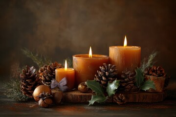 A festive arrangement of three candles surrounded by pine cones and holly leaves on a wooden board, creating a cozy and rustic holiday atmosphere.
