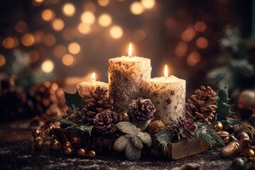 A festive arrangement featuring a candle surrounded by a bunch of colorful flowers, pine cones, holly leaves, and ornaments.