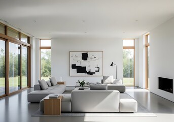 Modern minimalist living room with large windows, white furniture, and abstract wall art