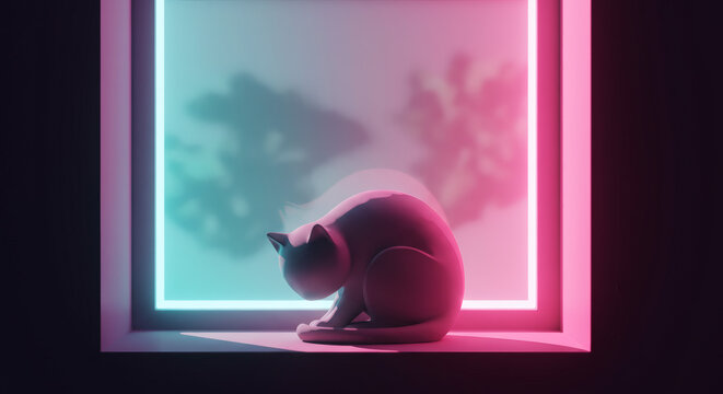 Neon cat silhouette inside frame with gradient lighting and transparent background - Powered by Adobe