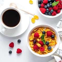 Healthy Breakfast - Cereal, Berries, and Coffee for a Fresh Start.