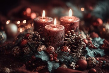 A cozy and festive scene featuring a candle surrounded by Christmas decorations, pine cones, holly leaves, and ornaments.