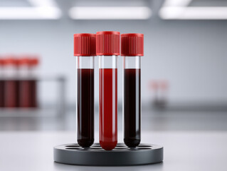 Three test tubes with red caps filled with blood samples, set in a laboratory environment, showcasing a clean and clinical setting.