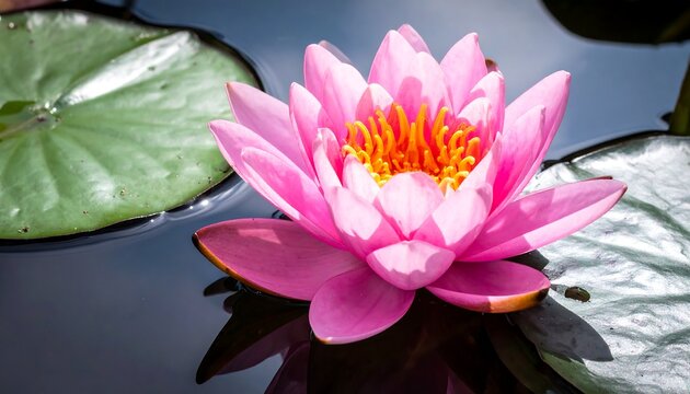 A close-up shot displays a vibrant pink water lily in full bloom, surrounded by dark water and green lily pads - Powered by Adobe