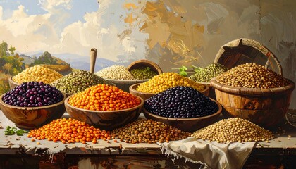 Colorful Variety of Legumes Displayed in Wooden Bowls for Culinary and Nutritional Appeal