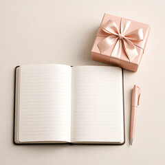 Open notebook gift box pen pink ribbon minimal desk writing celebration elegant soft