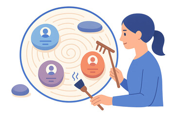 Zen HR Interface simple compose woman sand rake stone profile calm blue orange purple peaceful meditative digital illustration
