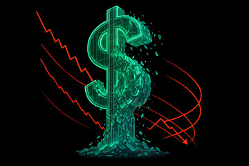 Dollar symbol collapse financial crisis red graph digital art broken economic downturn glowing glowing digital dollar symbol