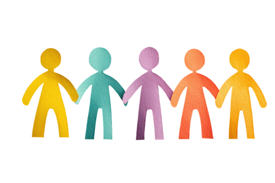 Colorful paper cutouts, holding hands, in a row