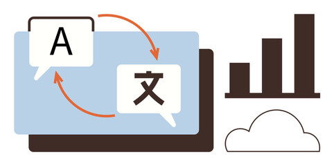 Two speech bubbles with arrows representing translation between languages, bar chart indicating metrics, and cloud icon. Ideal for technology, communication, linguistics, globalization, SaaS, AI