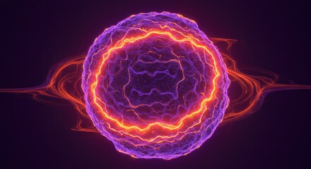 Abstract energetic sphere with plasma streams, vibrant purple and orange glow, modern science