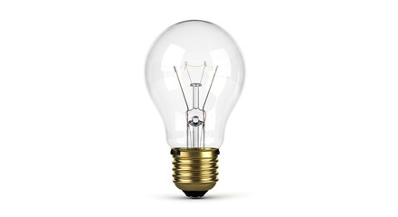 Clear incandescent light bulb isolated on white background, a classic source of illumination, showcasing its filament and glass enclosure for vintage or energy concepts