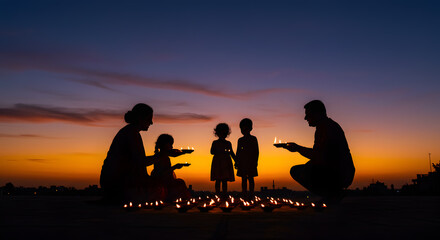 Family Celebrating Diwali Festival with Traditional Diya Lamp During a Beautiful Sunset