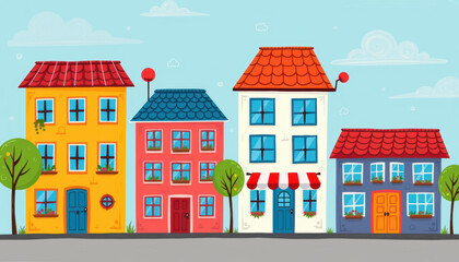Four colorful urban buildings with trees and bright windows in cheerful neighborhood