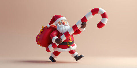 Low poly Santa candy cane red suit white beard Christmas cheerful 3D render holiday