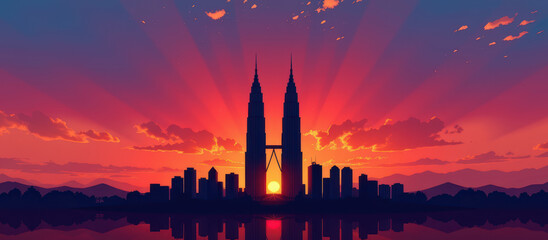 Silhouette twin tower sunset skyline warm reflection