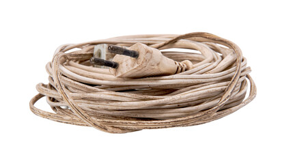 Grungy white electrical cable with plug, coiled and isolated.
