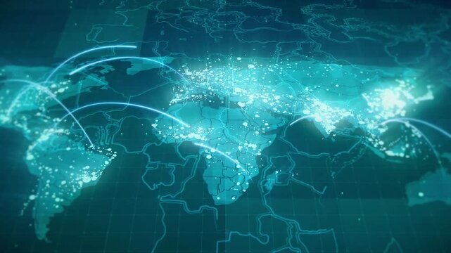 Globalization World Map, Blue Global network connection World map point and line composition screensaver footage view.