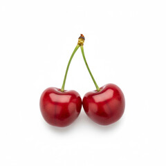 two perfect red cherries with stems, positioned slightly apart and rendered for a clipping path cutout on a white background