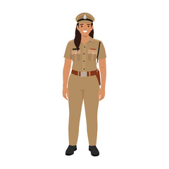 Indian female police officer in uniform, standing and smiling. Flat vector illustration isolated on white background