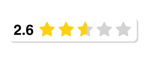 Rating bar with numeric label 2.6 in flat white rectangular style, customer review feedback score showing 2.6 star rating, PNG with transparent background