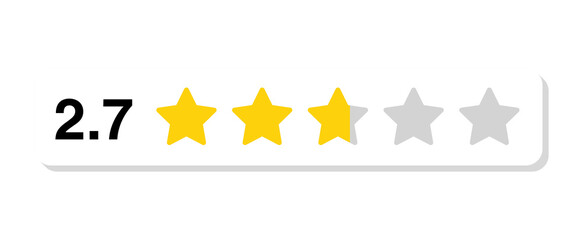 Rating bar with numeric label 2.7 in flat white rectangular design, customer feedback score showing 2.7 star rating, PNG with transparent background