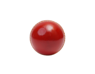 Polished red leather cricket ball with visible seam against a dark