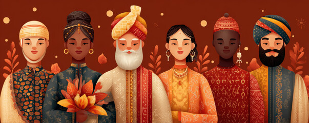 Ai powered holiday celebration with diverse people wearing traditional clothing and festive accessories in warm autumn colors
