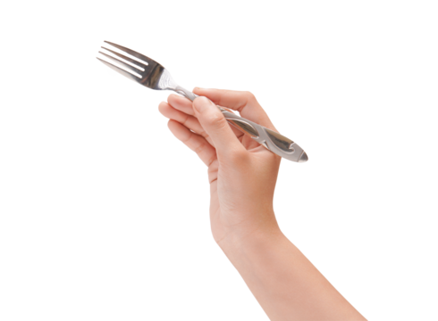 Close up of hand holding a modern silver fork with a small white drop, isolated.
