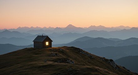 Idyllic mountain cabin glowing against a serene twilight landscape and layered peaks