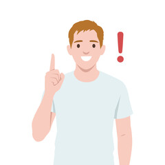 Smiling man raising one finger with exclamation mark symbol, representing idea or inspiration. Flat vector illustration isolated on white background