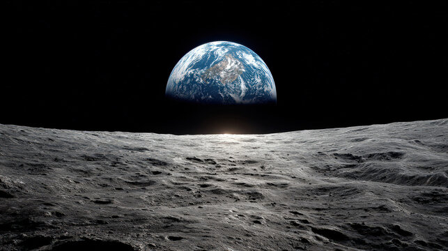The Earth rising over the moon, with a bright sunlit horizon in a dark sky, as if seen from the surface of the moon. It's a beautiful and inspiring view