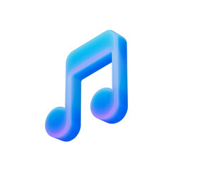 Dynamic 3D musical note, vibrant blue and purple glow, modern sound icon. 3d illustration