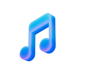 Dynamic 3D musical note, vibrant blue and purple glow, modern sound icon. 3d illustration