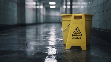 Yellow mop bucket and caution wet floor sign in a wet tiled hallway