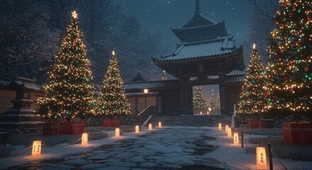 Kyoto Christmas illumination, glowing decorated firs beside ancient temple gate, snow lanterns lighting stone path