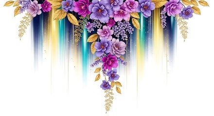 Cascading purple and pink flowers with gold accents and abstract streaks of blue and gold