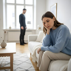 Young couple experiencing emotional distress while standing in living room  