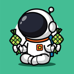 Cute Astronaut Holding Ketupat Illustration for Eid Mubarak, Ramadan Celebration, and Space Cartoon Character Design