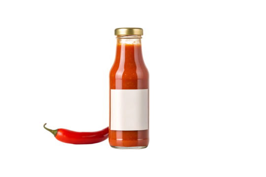 Bottle of chili sauce with blank label and red pepper isolated on transparent background