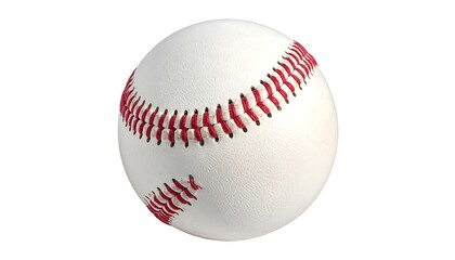 A close-up studio shot of a baseball, showcasing white leather and red stitching details against a clean white background