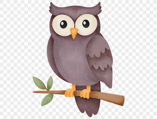 Watercolor owl sitting on branch spooky Halloween bird illustration Vector.