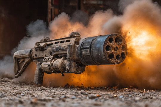 Modern grenade launcher firing in action during military training exercises