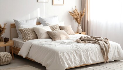 Fototapeta premium A bright bedroom interior featuring a well-made bed with pillows, a throw, and a wooden nightstand adorned with decor. A window provides natural light