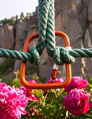 Climbing gear with pink peonies against a cliff