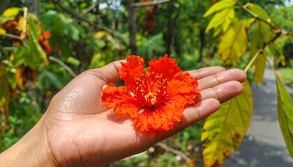 Close-up of a person's hand holding a vibrant red flower in nature