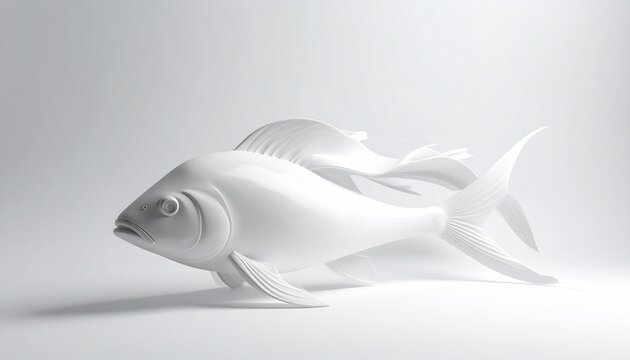 Monochromatic white sculptural fish model with detailed texture and contours, set against a light gray background—minimalist, artistic, and nature-inspired.