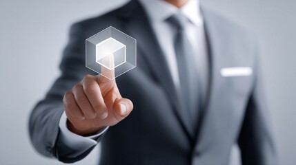 executive pointing at floating blockchain cube hologram, corporate suit, clean office copyspace