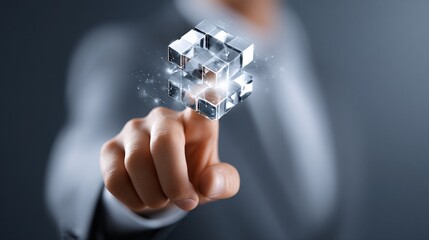executive pointing at floating blockchain cube hologram, corporate suit, clean office copyspace