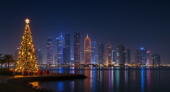 Qatar Doha Corniche Christmas, decorated tree glowing near water, skyline towers illuminated in festive colors